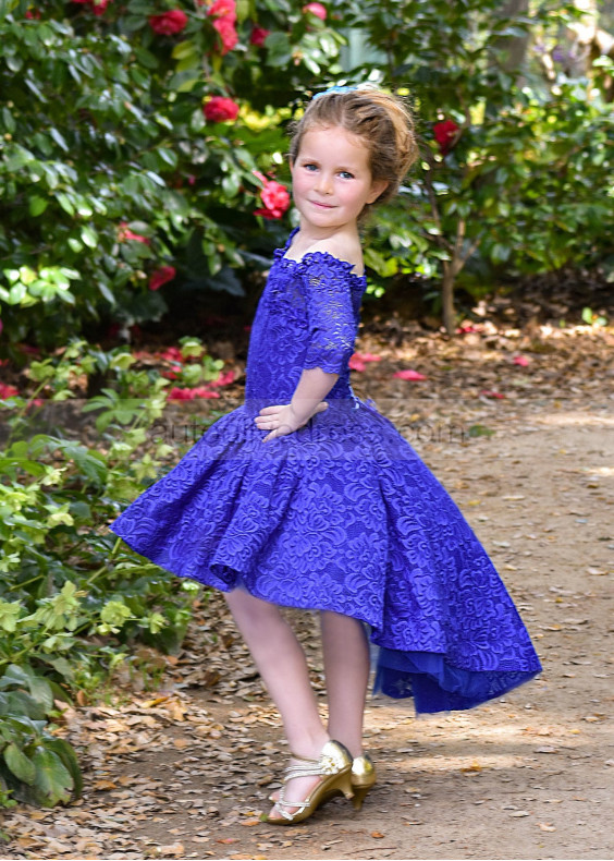 Off Shoulder Royal Blue Lace High Low Flower Girl Dress Off Shoulder Royal Blue Lace High Low Flower Girl Dress
